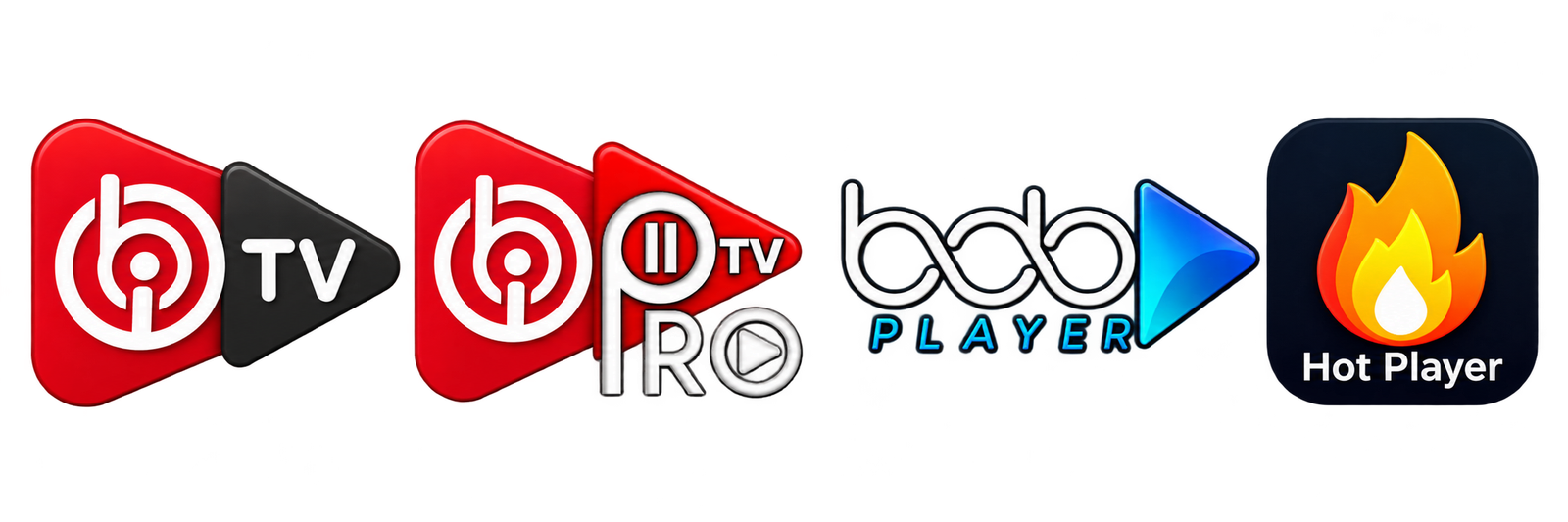 Logos der Apps IBO TV, IBO Player Pro, BOB Player und Hot Player